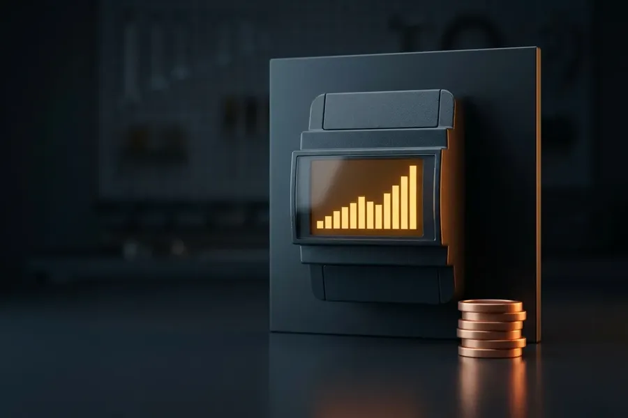Ilustracja: nowoczesny licznik energii elektrycznej z rosnącym wykresem zużycia i monetami