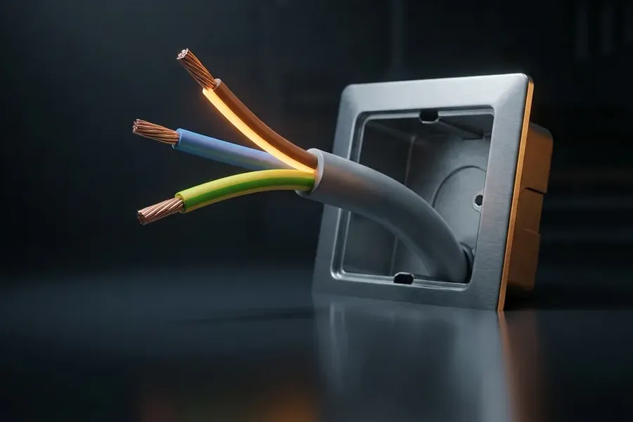 Ilustracja: trzy przewody elektryczne — brązowa faza, niebieskie zero i żółto-zielone uziemienie