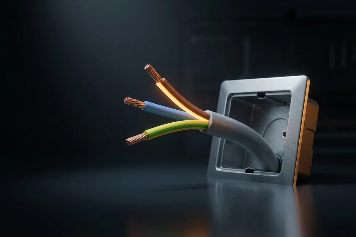 Ilustracja: trzy przewody elektryczne — brązowa faza, niebieskie zero i żółto-zielone uziemienie