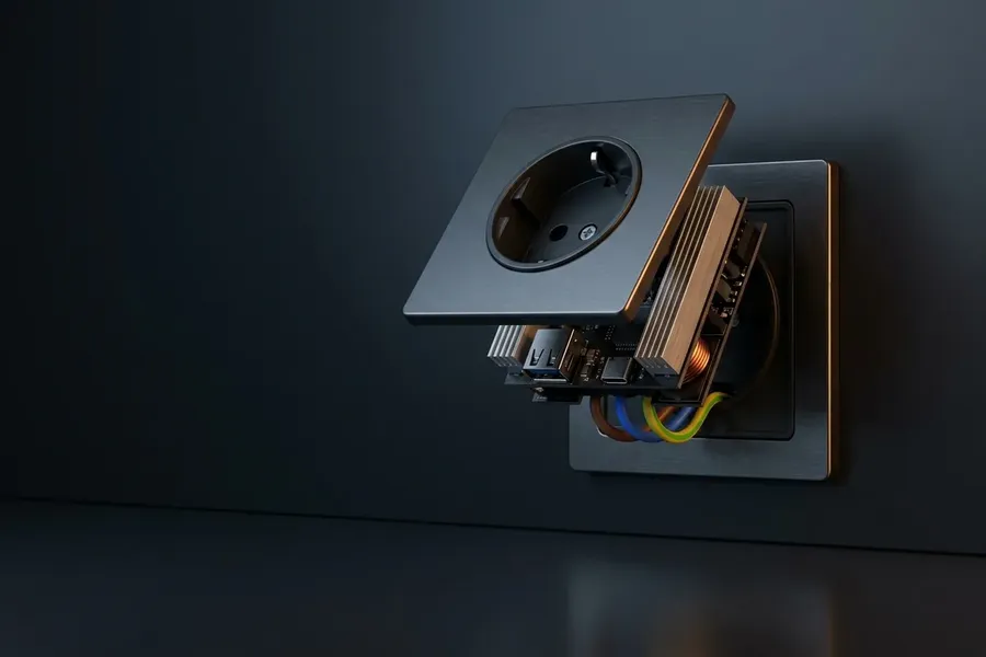 Ilustracja: nowoczesne gniazdko podtynkowe 230V z portami ładowania USB-A i USB-C