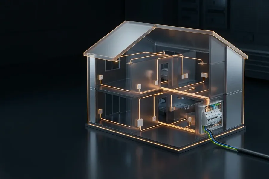 Ilustracja: przekrój domu jednorodzinnego z pełną siecią obwodów instalacji elektrycznej