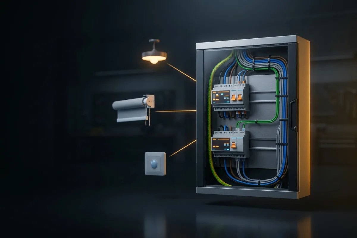 Ilustracja: centrala smart home z modułami magistralnymi i okablowaniem sterującym urządzeniami domu