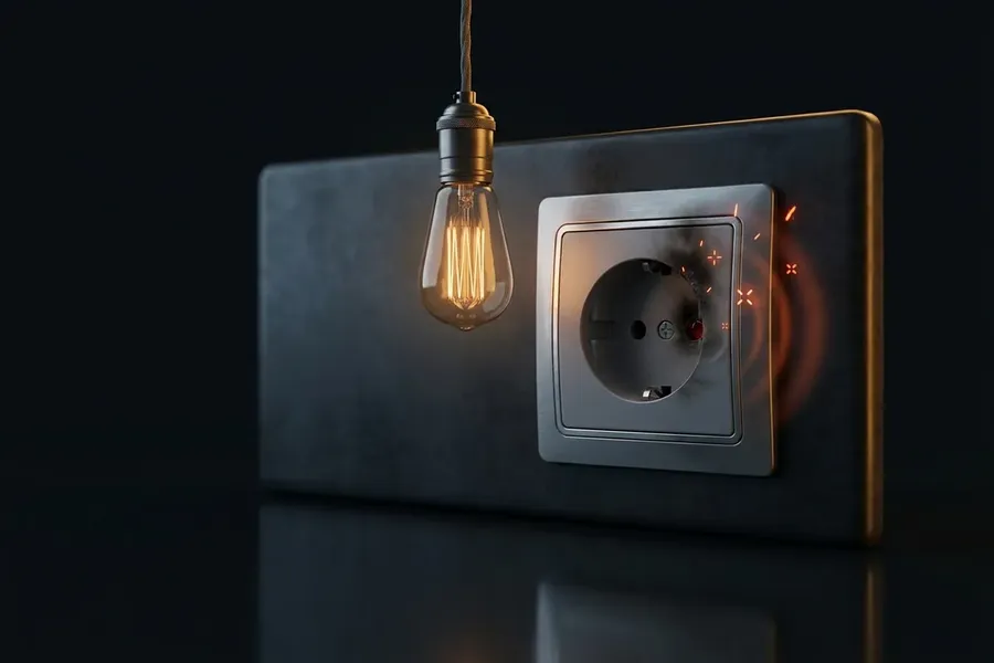 Ilustracja: iskrzące, nadpalone gniazdko elektryczne i migocząca żarówka jako sygnały ostrzegawcze