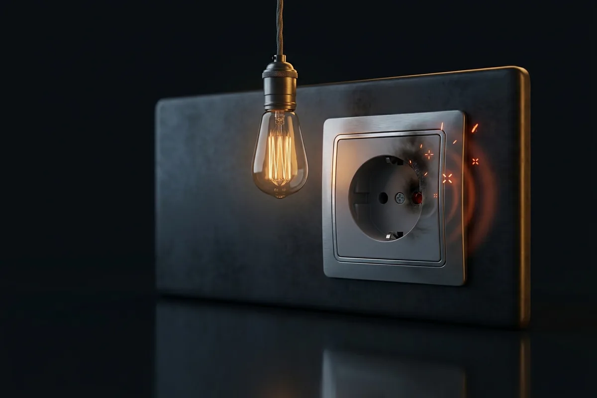 Ilustracja: iskrzące, nadpalone gniazdko elektryczne i migocząca żarówka jako sygnały ostrzegawcze