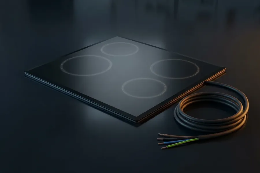 Płyta indukcyjna 60 cm z fabrycznym przewodem pięciożyłowym, packshot na ciemnym tle studyjnym