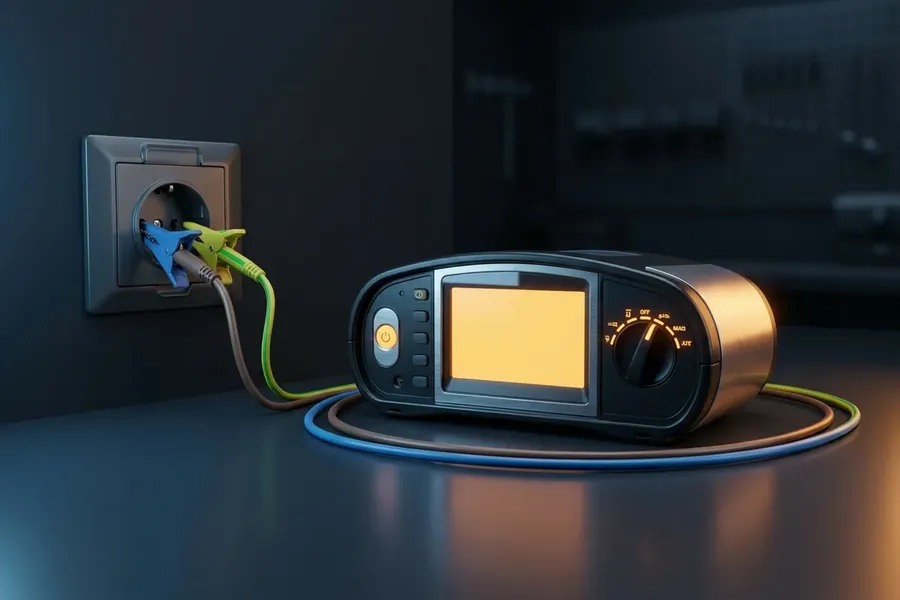 Ilustracja: miernik instalacji elektrycznej z sondami podłączonymi do gniazdka.