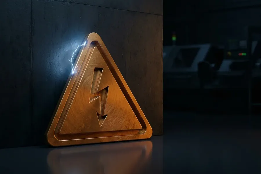 Ilustracja: uszkodzony przewód z iskrzącym łukiem elektrycznym jako symbol porażenia prądem.