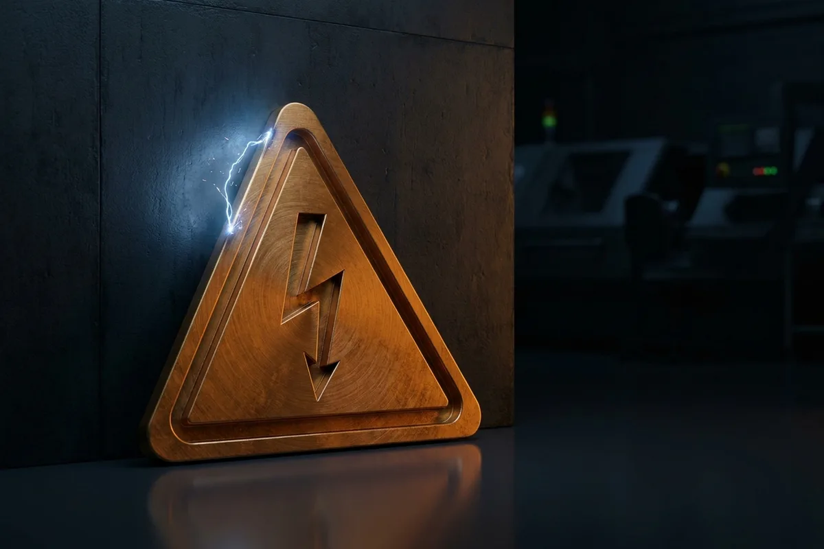 Ilustracja: uszkodzony przewód z iskrzącym łukiem elektrycznym jako symbol porażenia prądem.