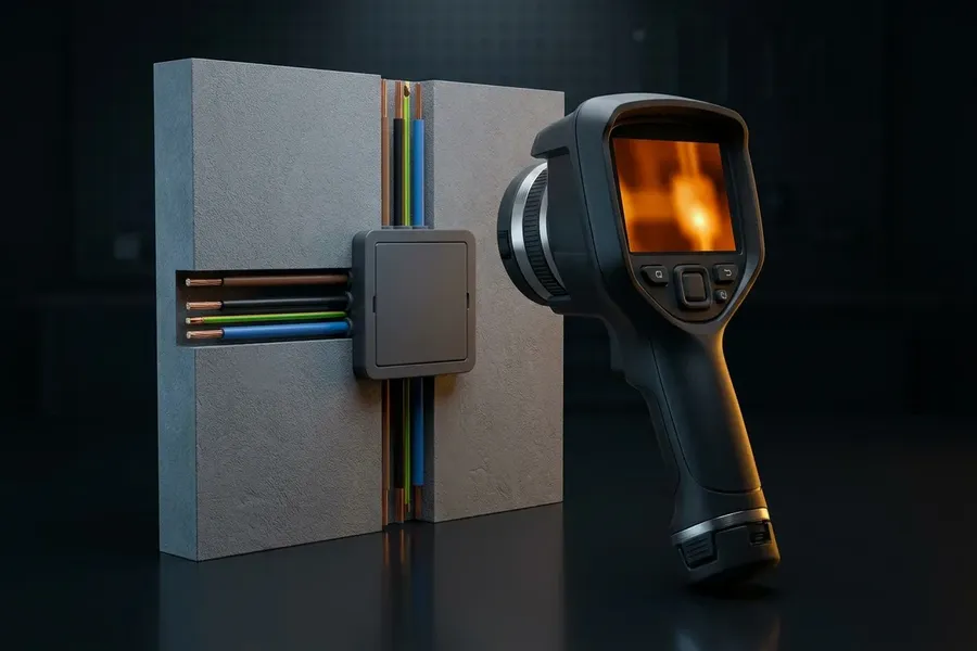 Ilustracja: kamera termowizyjna skierowana na puszkę elektryczną podczas okresowego przeglądu instalacji