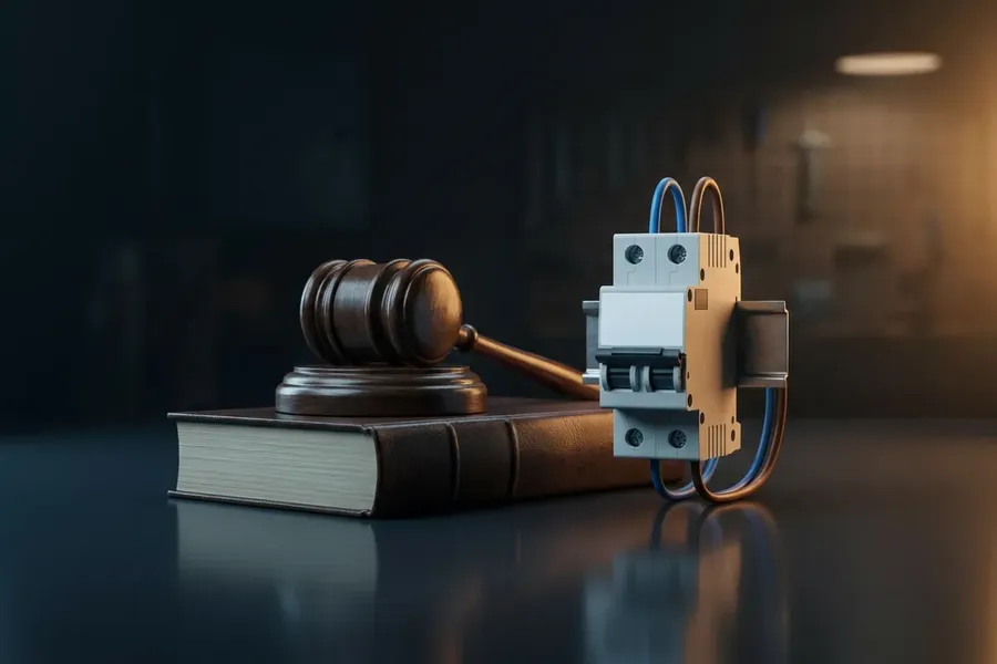 Ilustracja: młotek sędziowski na kodeksie obok nowoczesnego zabezpieczenia symbolizujący nowe przepisy elektryczne