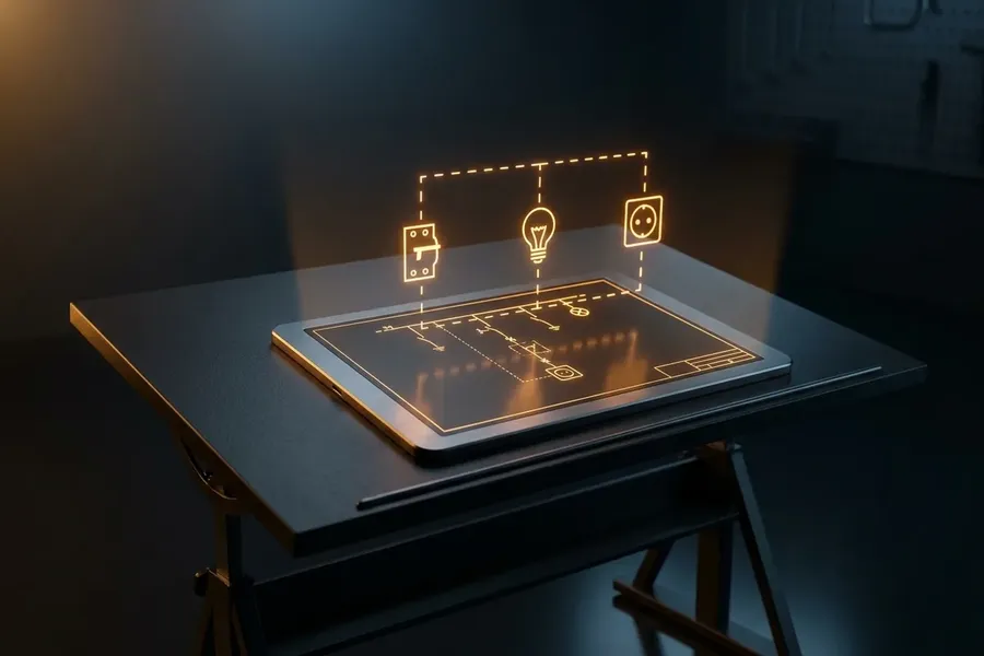 Ilustracja: świetlny trójwymiarowy schemat jednokreskowy instalacji elektrycznej unoszący się nad tabletem