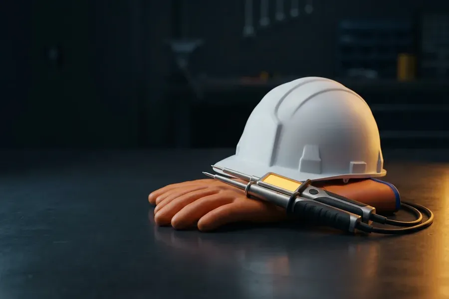 Ilustracja: kask, rękawice dielektryczne i wskaźnik napięcia jako symbol uprawnień SEP