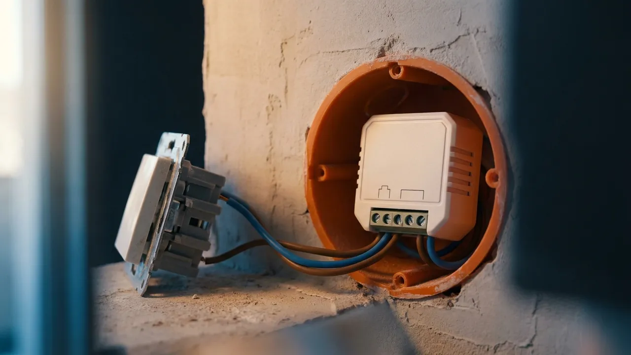 Moduł przekaźnikowy Wi-Fi ułożony w głębokiej puszce podtynkowej za łącznikiem światła, przed założeniem mechanizmu